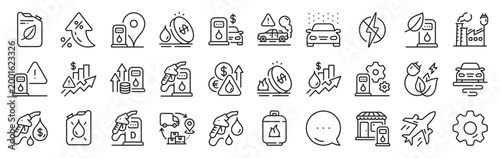 Gas station line icons. Settings gear, Message, Inflation icons. Petrol canister, diesel fuel and gas cylinder set. Eco leaf, Fuel station and petrol canister line icons. Vector