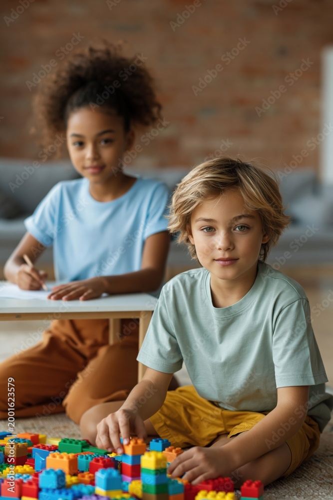 Obraz premium Two children building blocks while seated in living room