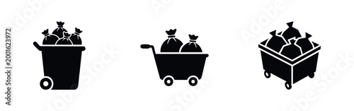 Konstfotografi Set of black silhouette icons for waste management and garbage collection, featuring a trash bin and carts filled with bags on a white background