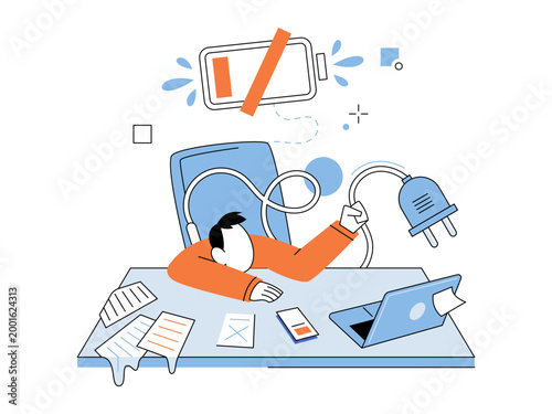 Exhausted worker lying on a desk with a low battery sign vector illustration. Burnout, fatigue, overwork, mental health, professional stress, digital detox. Weary staff member collapsed at table