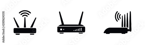 Set of three black silhouette icons of wireless internet routers on a white background, representing connectivity, networking, and Wi-Fi signal.