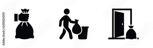 Φωτογραφία Vector icons for waste disposal: hand holding a trash bag, person taking out the garbage, and a bag outside an open door