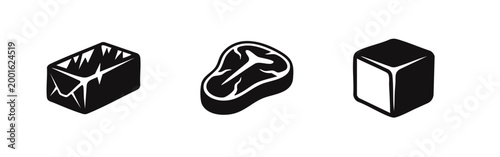 Minimalist black and white icons of a stick of butter, a t-bone steak, and a food cube, isolated on a white background.