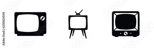 Set of three minimalist retro television icons in black and white silhouette, featuring classic vintage TV designs with antennas and dials.