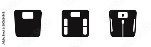 Set of three black bathroom scale icons isolated on white background, including digital, smart, and analog designs for fitness and health tracking.