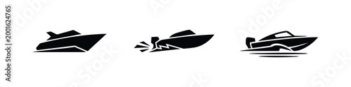 A set of three minimalist black speedboat silhouettes on a white background, symbolizing speed, modern maritime design, and aquatic adventure.