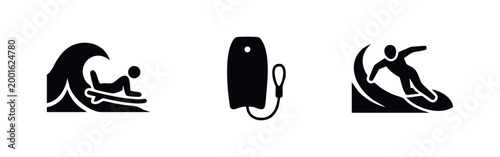 Black minimalist icons showing bodyboarding and water sports, featuring riders on ocean waves and a bodyboard with a leash on a white background.