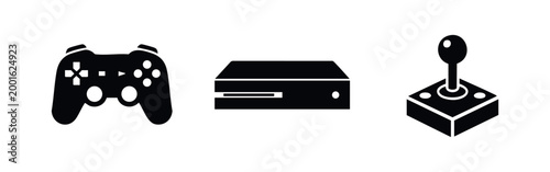 Set of minimalist black icons representing a modern gamepad, video game console, and retro joystick isolated on a white background.