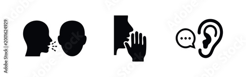 Set of minimalist black icons for communication, featuring symbols for talking, whispering, and listening. Flat vector graphics on a white background.
