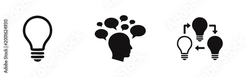 Minimalist black and white icons for creative thinking, featuring a lightbulb, head silhouette with speech bubbles, and a conceptual process cycle.