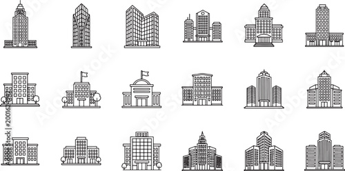 Set of 18 outline building icons representing modern skyscrapers, corporate offices, and urban architecture for city planning