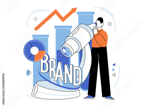 Man looking through a microscope at brand text vector illustration. Market research, brand identity, business strategy, auditing, growth, analysis. Male using lab equipment for logo study