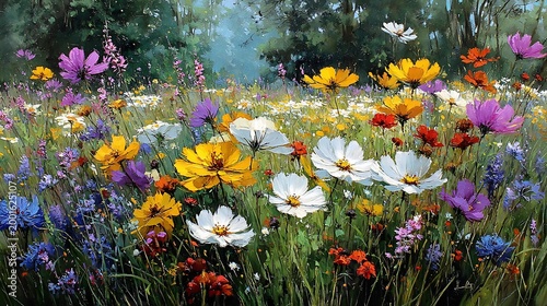 Lively wildflower meadow bursting with colorful blooms under a bright sky full of sunshine