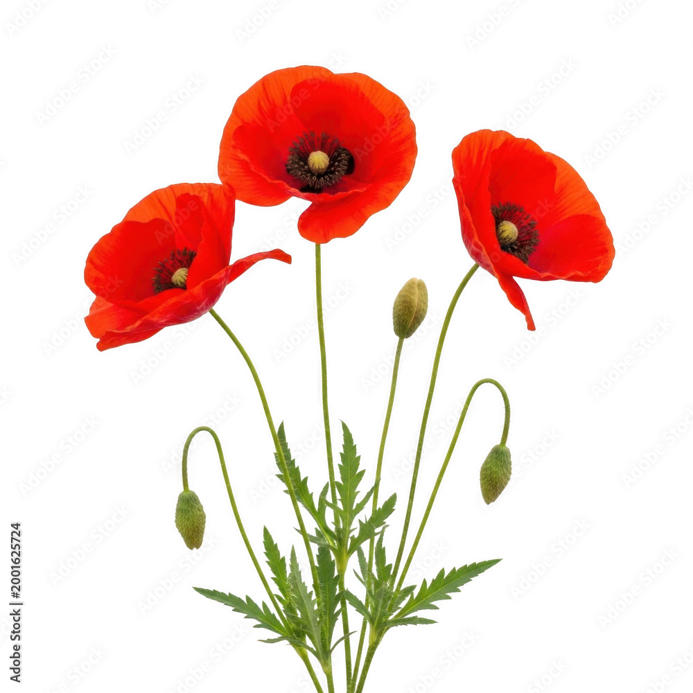 Obraz premium A vibrant bouquet of red poppies with green stems and leaves isolated on transparent background