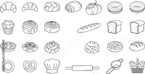 Set of hand drawn bakery items including bread loaves croissants donuts muffins and baking tools icons