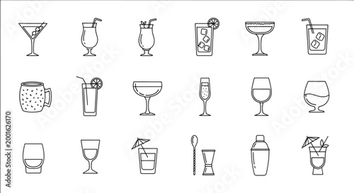 Set of hand drawn cocktail and beverage icons for bar menu design and drink illustrations