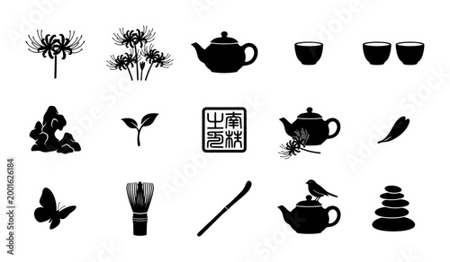 Photography Japanese Tea Ceremony Icons: Spider Lily, Teapot, Cups, Bamboo Whisk, Zen Stones