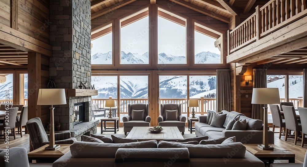 Obraz premium Luxurious mountain chalet living room with fireplace and panoramic windows showcasing a snowy landscape and majestic peaks, perfect for winter resort or luxury travel.