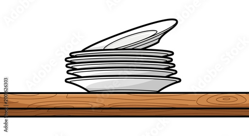 Stack of white plates on a wooden shelf, clean dishes, kitchenware