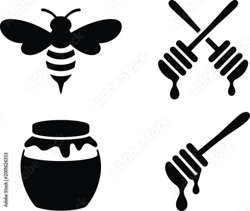 Black silhouette icons of bee honeycomb honey pot and dipper