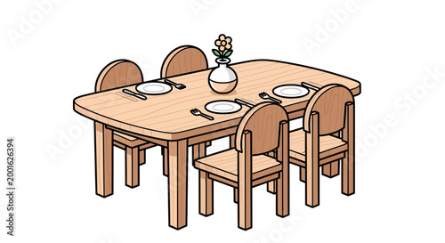 Wooden dining table with chairs, plates, cutlery, and vase with flower