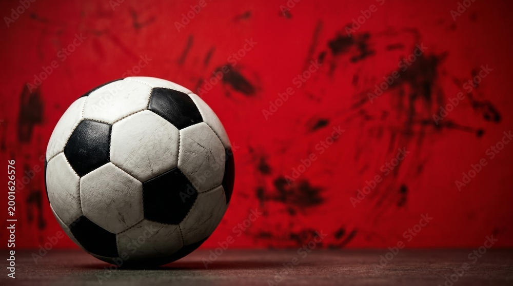 Naklejka premium A classic black and white soccer ball rests on a dark surface against a vibrant red textured background, evoking sport and competition.