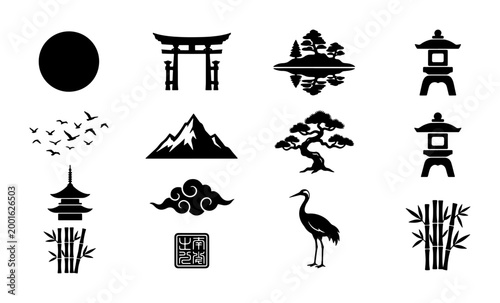 Japanese Culture Icons Set: Torii Gate, Pagoda, Crane, Bonsai, Mountains, Bamboo, Sun, Clouds, Lanterns, Birds, Stamp - Vector Graphics for Travel and Heritage
