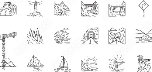 Set of hand drawn travel and nature landscape icons featuring mountains, ocean, roads, and coastal scenery elements
