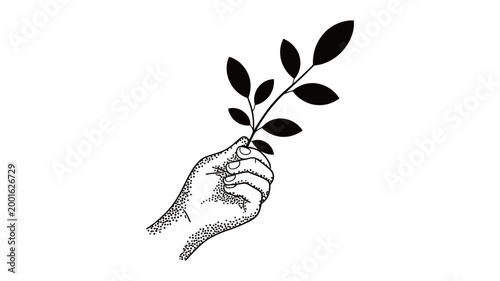 Close-up of a hand gently holding a plant branch with leaves illustration symbolic minimalist silhouette