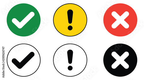 X Mark and Check Mark Icon Set with Exclamation Point, Tick, Cross, Correct and Wrong Symbols, Warning and Alert Signs Collection for UI Design, Validation Status Indicators, Vector Illustration