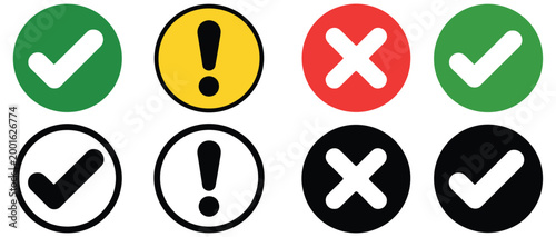 X Mark and Check Mark Icon Set with Exclamation Point, Tick, Cross, Correct and Wrong Symbols, Warning and Alert Signs Collection for UI Design, Validation Status Indicators, Vector Illustration