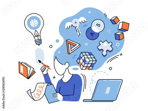 Woman brainstorming with icons vector illustration. Artistic process, digital marketing, educational strategy, problem solving, content creation, remote work. Female designer thinking with symbols