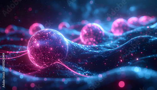 Abstract Glowing Orbs and Particles on Wavy Surface.