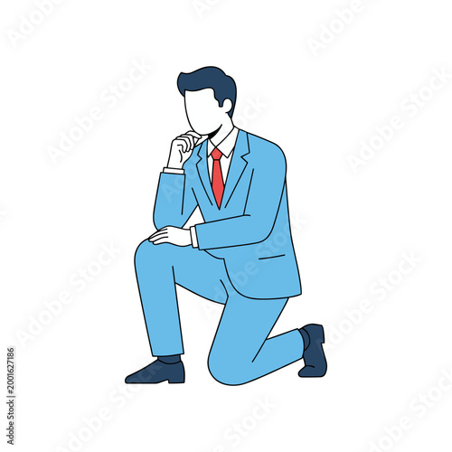 A businessman in a blue suit is kneeling thoughtfully on one knee with his hand on his chin.
