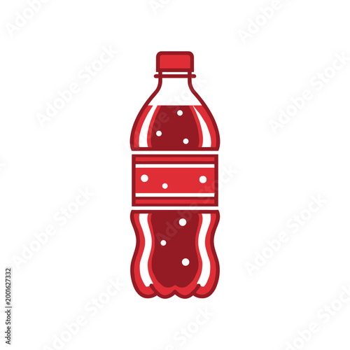 A red plastic bottle of soda with white bubbles and a red cap against a white background.