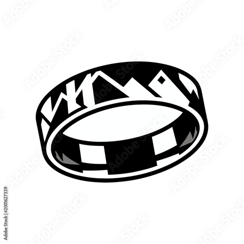 A stylized black and white ring featuring a mountain range pattern around its circumference.