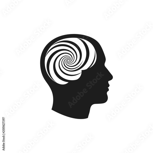 Black Silhouette Head with White Spiral Brain Concept