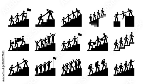 Tableau sur toile Teamwork Ascent Icons, Leadership Climbing Silhouettes, Business Success Steps,
