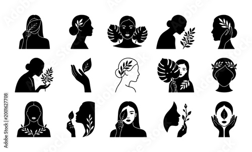 Elegant Silhouette Icons: Woman, Nature, Beauty, Wellness, Organic, Botanical, Feminine, Health, Skincare, Yoga, Spa, 15 Vector Elements