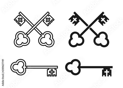 Saint Peters keys symbol. St. Peter key icon sign. Christianity and roman catholic symbol. Pope insignia. Vector illustration image.