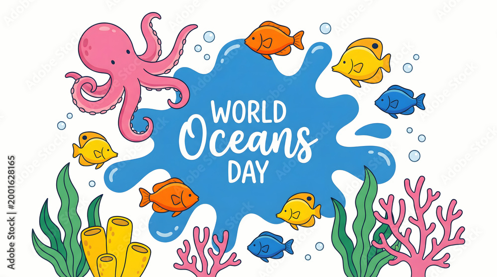 Obraz premium World Oceans Day illustration with colorful sea creatures