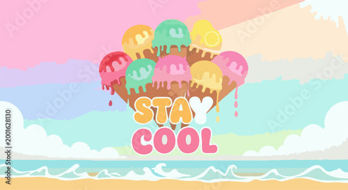 Stay Cool with Ice Cream:  A vibrant and playful scene featuring colorful scoops of ice cream on a cone with the phrase 'Stay Cool', perfect for summer promotions. 