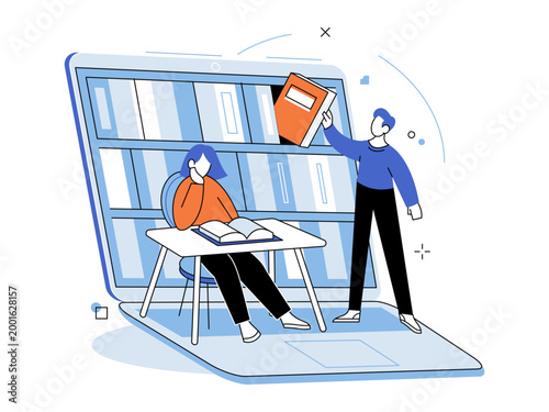 People reading books from a laptop screen vector illustration. E-learning, digital library, distance study, research, education, virtual school. Students using a computer display