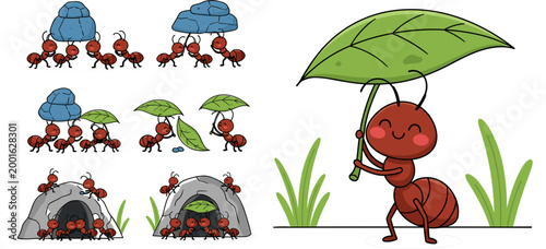 Cute Cartoon Red Ant Colony Carrying Rock Leaf Umbrella and Living in Stone Nest Vector Illustration Set for Children Design
