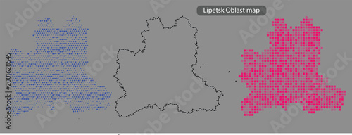 Lipetsk oblast map in blue and pink pixels on gray background with black outline