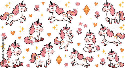 A charming collection of eleven cute cartoon unicorn characters in various playful poses featuring pink manes, sparkling stars, hearts, and floral elements isolated on white.