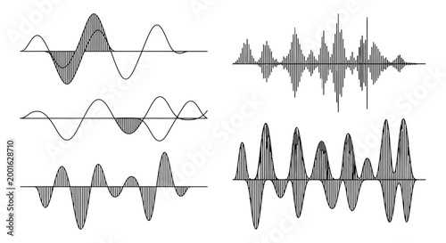 Collection of various black and white sound waveforms and audio signals for technical analysis on an isolated white background.