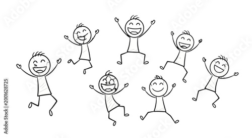 Group of happy stick figure people jumping and cheering enthusiastically in celebration on an isolated white background.