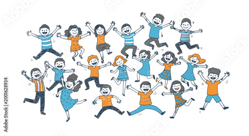 Cheerful group of diverse children happily jumping and playing, vibrant cartoon illustration, isolated white background.