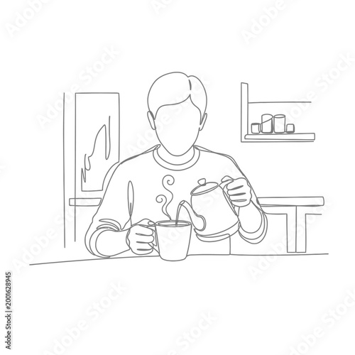 Man pouring hot tea from kettle into mug, steam rising, cozy morning at home